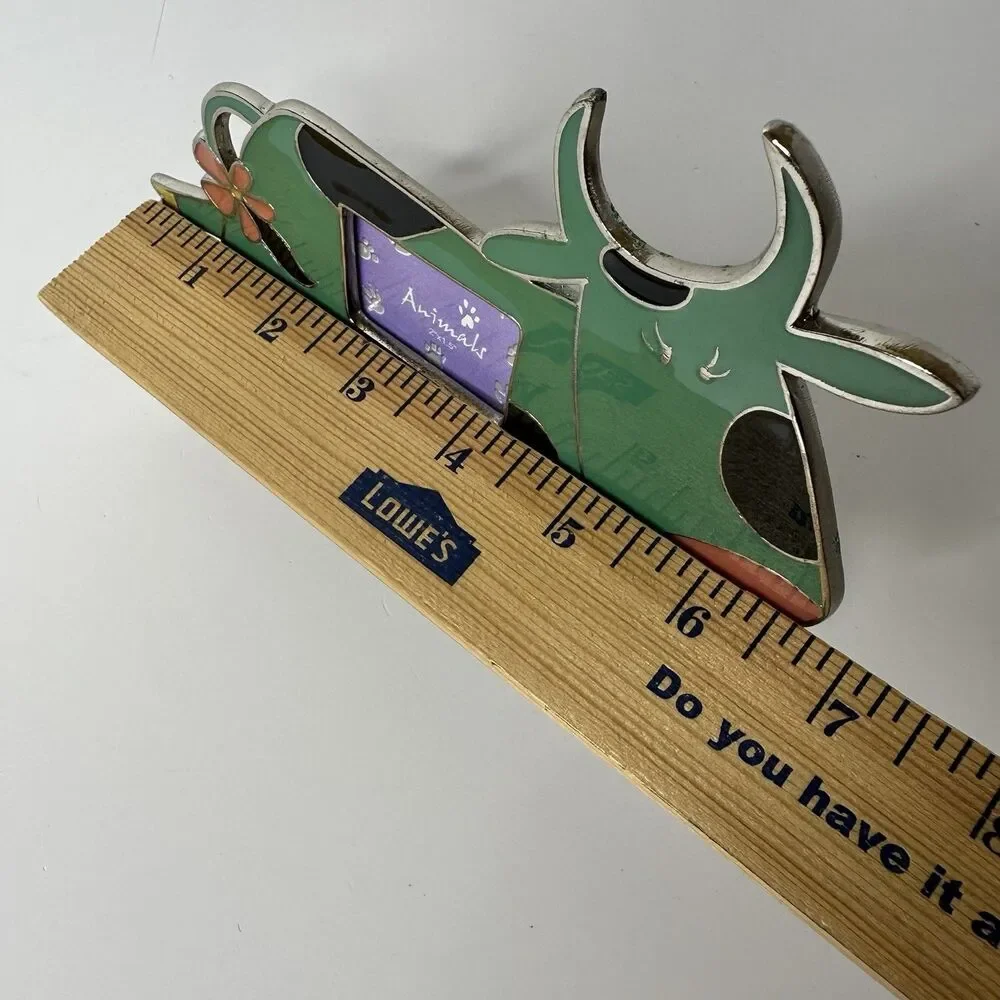 Green Cow Metal Enamel Picture Frame Standing‎ 2 x 1.5” Whimsical Nursery Farm